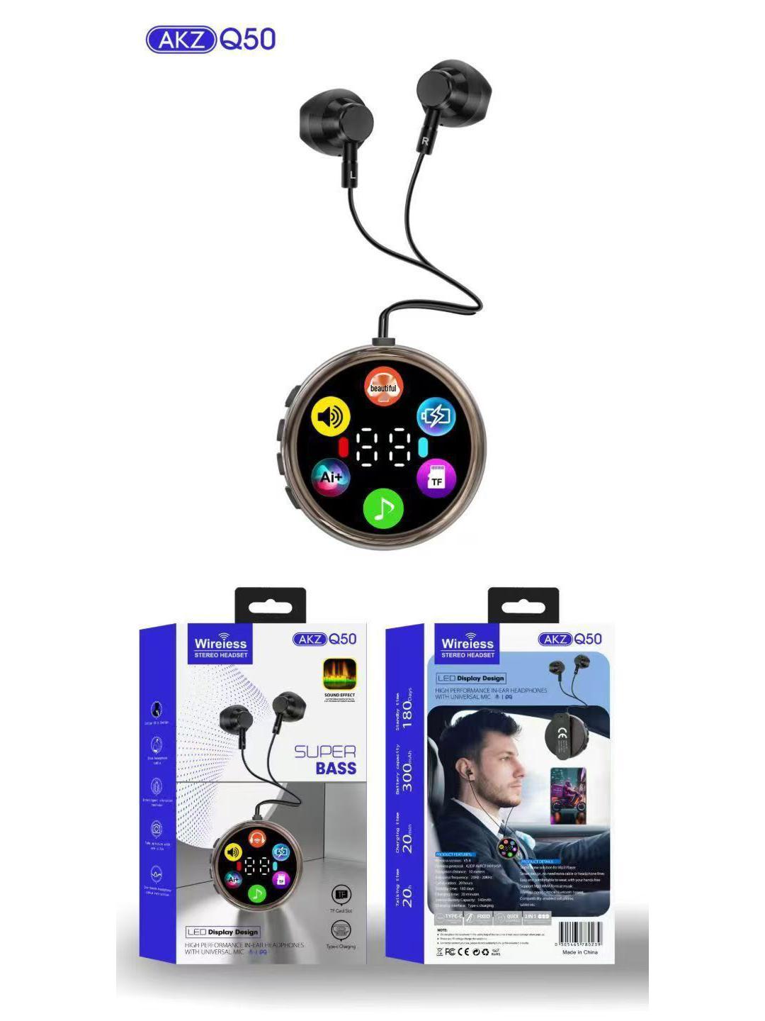 

AKZ Q53 Bluetooth Headset: Long Battery, Clip-on, Digital Display, Business & Sports Use, Car Compatible.