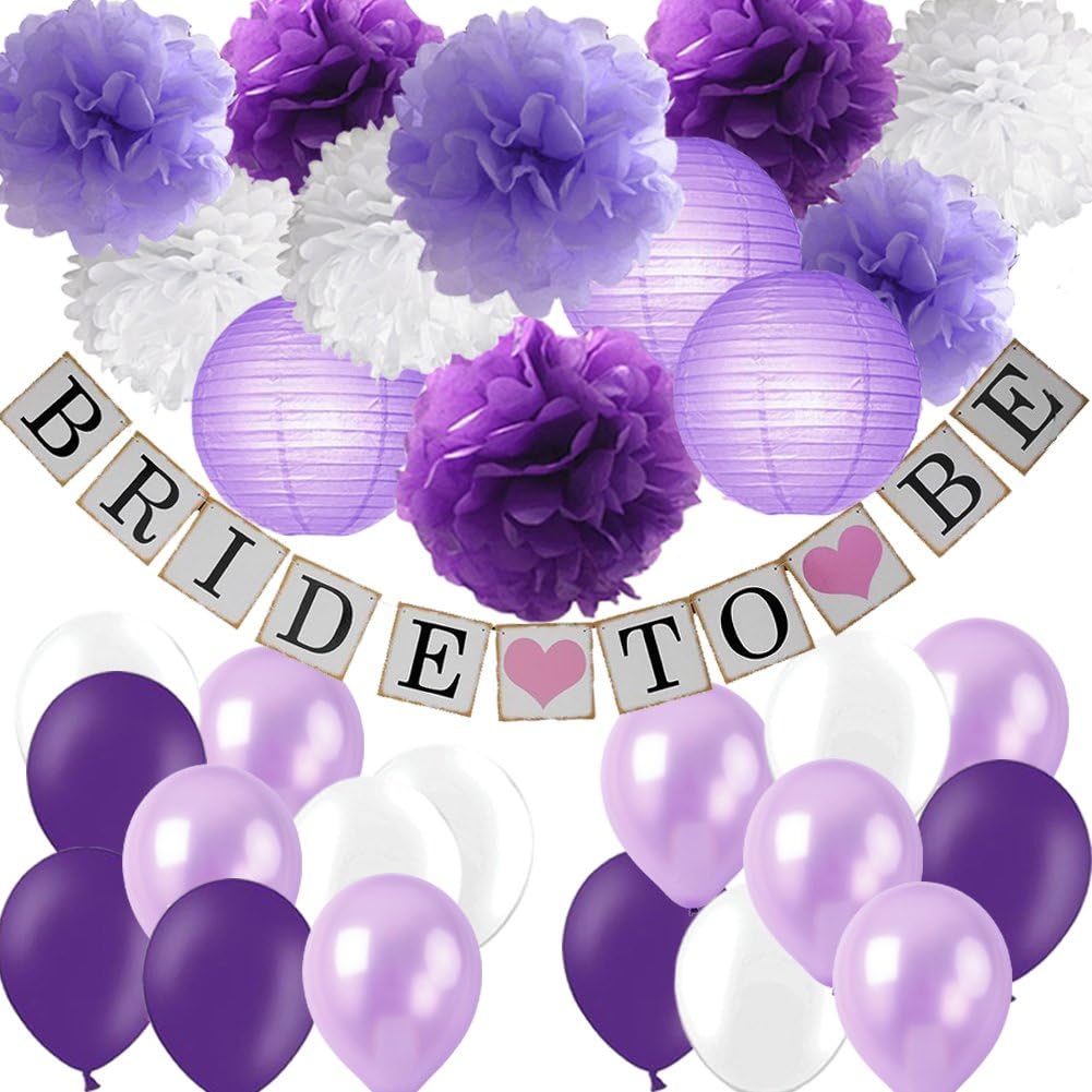 Purple Bridal Shower Decorations Kit-Bride To Be Banner White Lavender Purple Tissue Flower Pom Poms Paper Lanterns Latex Balloons for Purple