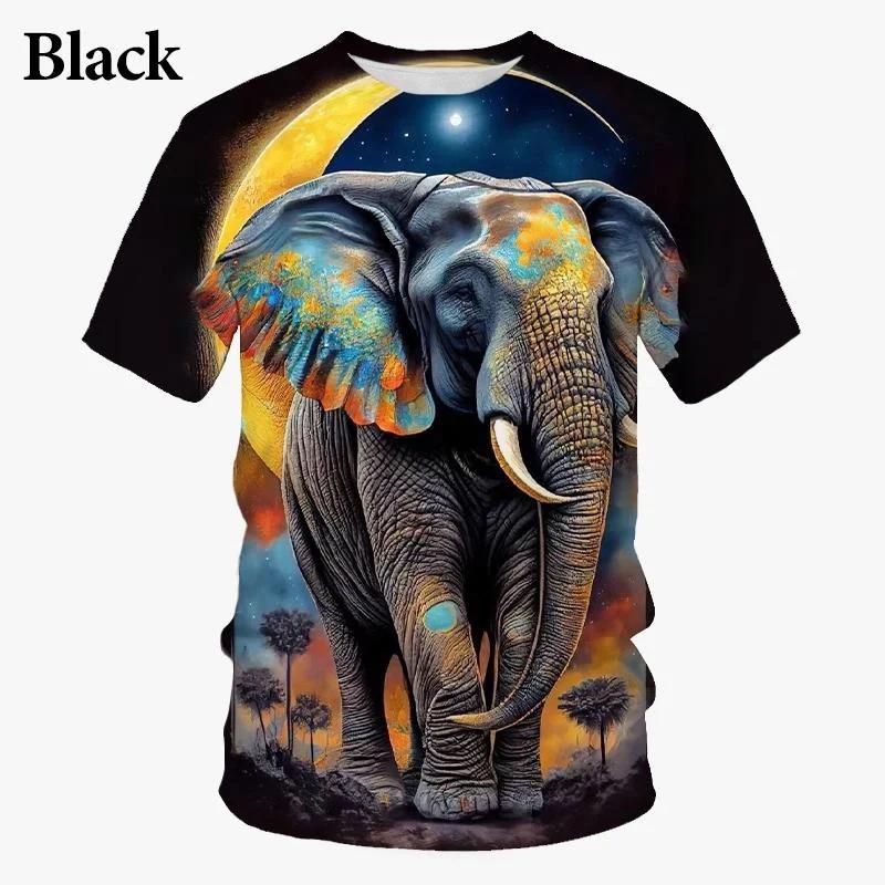 Summer Round Neck 3D Elephant  Pattern Print Top Fashionable Casual Hip-hop Personality Short Sleeved Men's T-shirts