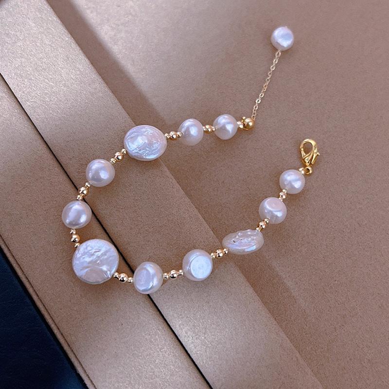 Fashion Simple Freshwater Pearl 14K Gold Plated Beaded Geometric Women's Trendy Party Bracelet HUIXUN
