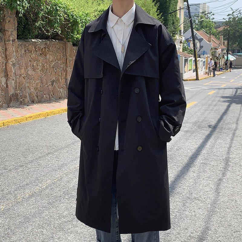 

2025 Men s Korean Style Double-Breasted Trench Coat - Mid-Length, Loose Fit, Plus Size, Cotton, Autumn/Winter M