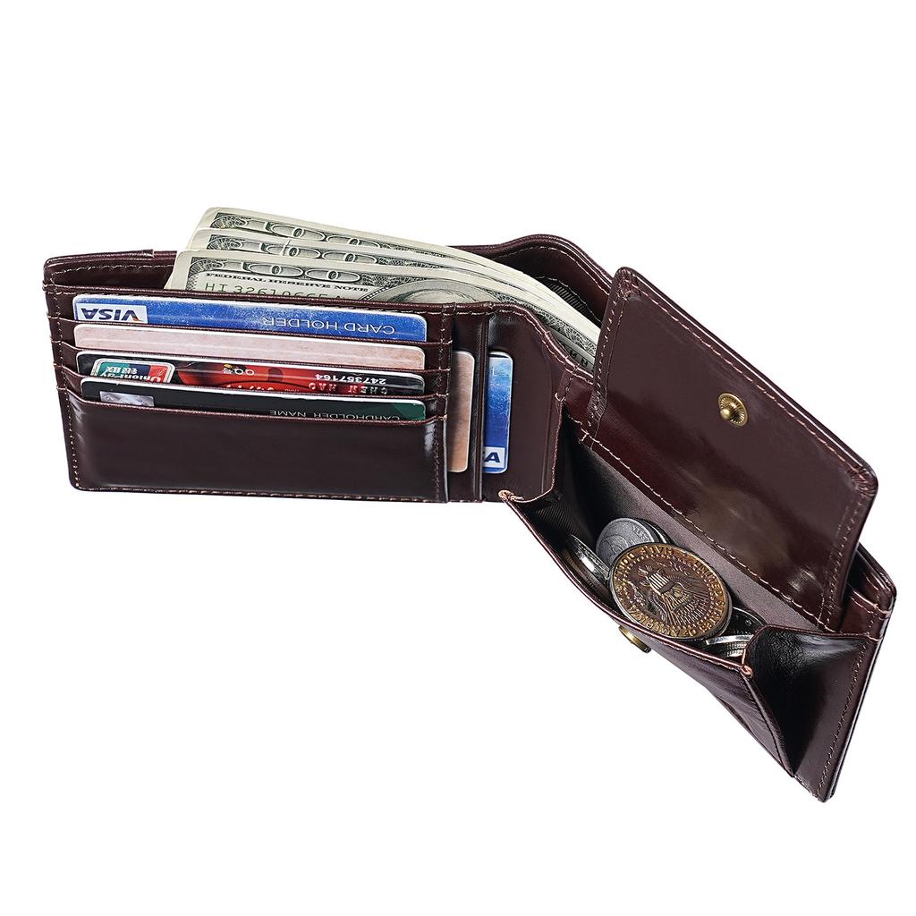 Genuine Leather Wallet Men RFID Blocking Oil Wax Cowhide Bifold Short Purse Large Capacity with Coin Pocket
