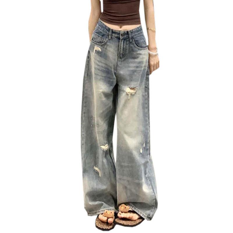 Light Colored Ripped Jeans Women's Plus Size Pear Shaped Straight Tube Loose High Waist Design Pants