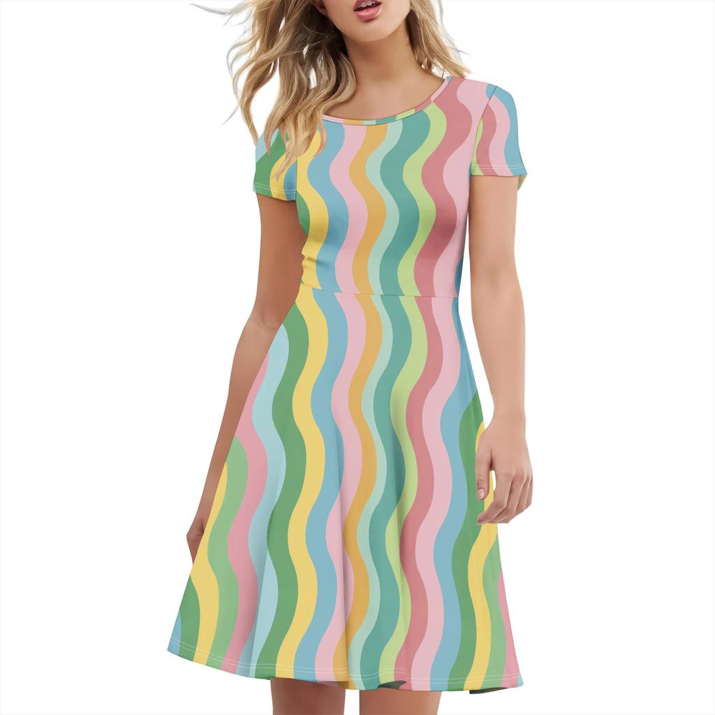 Summer Dress for Women 2025 Casual T-shirt Crewneck Petal Sleeve Swing Vacation Dress