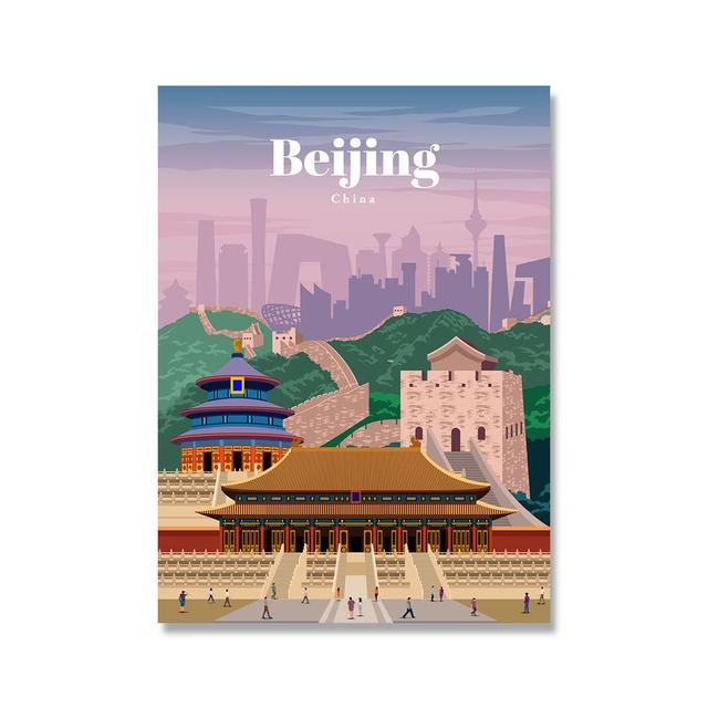 Famous City Retro Travel Poster Cartoon London New York Bali Tokyo Landscape Canvas Painting Wall Art Pictures Livingroom Decor