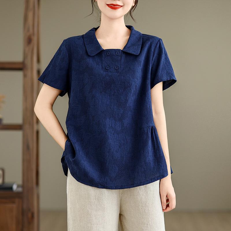 Summer Loose Hemp Collar Short Sleeved Shirt Women's Shirt