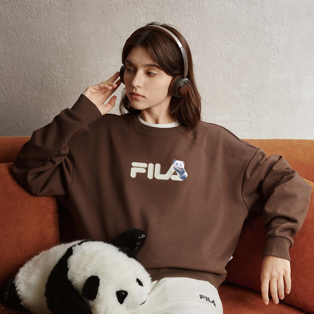 Fila Heritage Panda Embroidery Simple Fashion Casual Retro Versatile Comfortable Crewneck Sweatshirt Women Sweatshirt Yellow-Sand-Brown F51W538201FBN