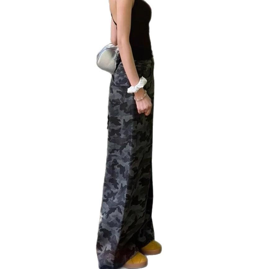 Fashionable Comfortable Vintage Camouflage Work Wide Leg Jeans Women's High Waist Loose Slim Straight Casual Trousers Jeans for Women Long Denim Pants