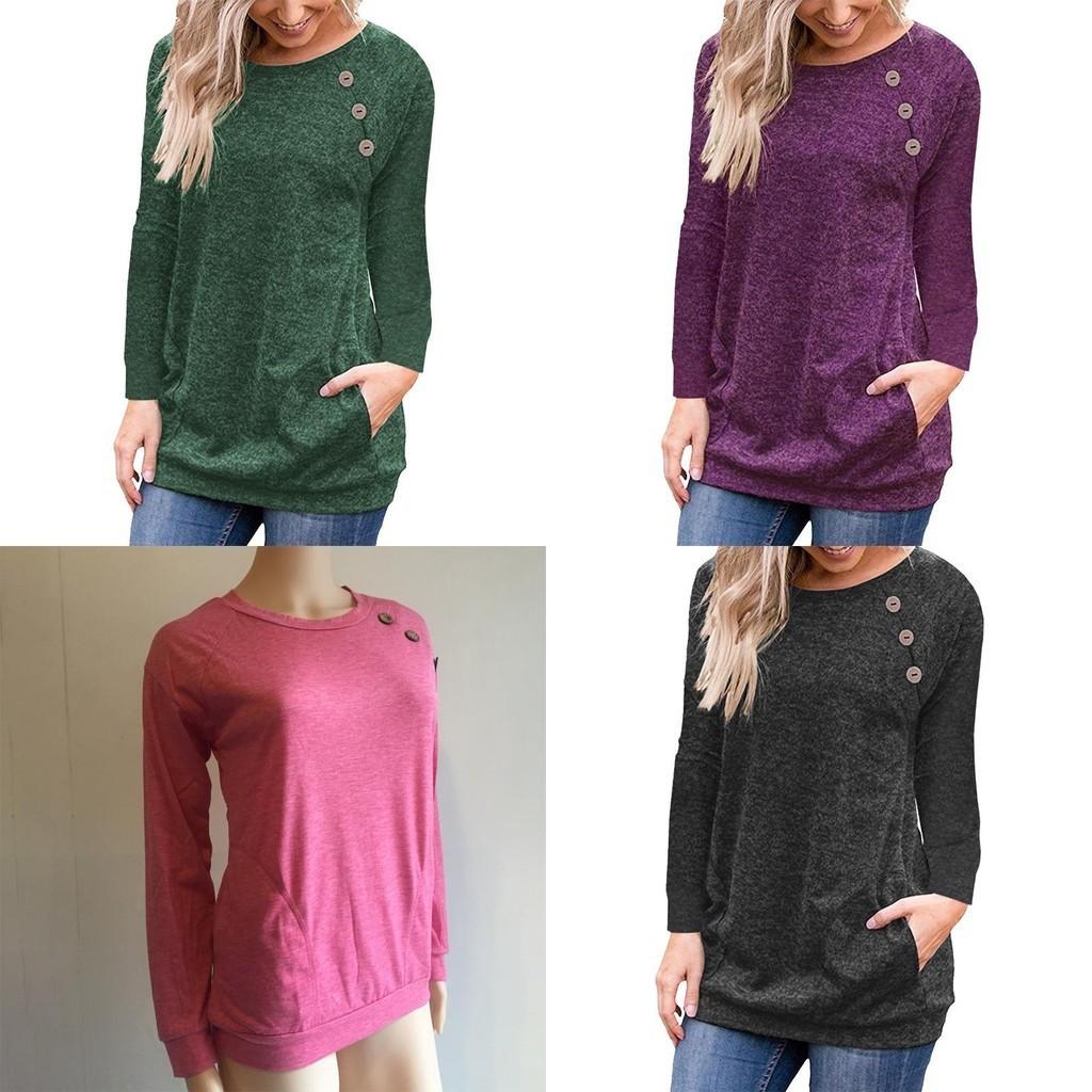 Stylish Women's Pullover Long Sleeve Solid Button Sweatshirt Top For Casual Wear