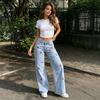 Stretchy Slim Jeans Girl's Bow Cherry Print Baggy Jeans, Wide Leg Mid Waisted Denim Pants for Women Pants, Zipper Fly Elastic Casual Streetwear