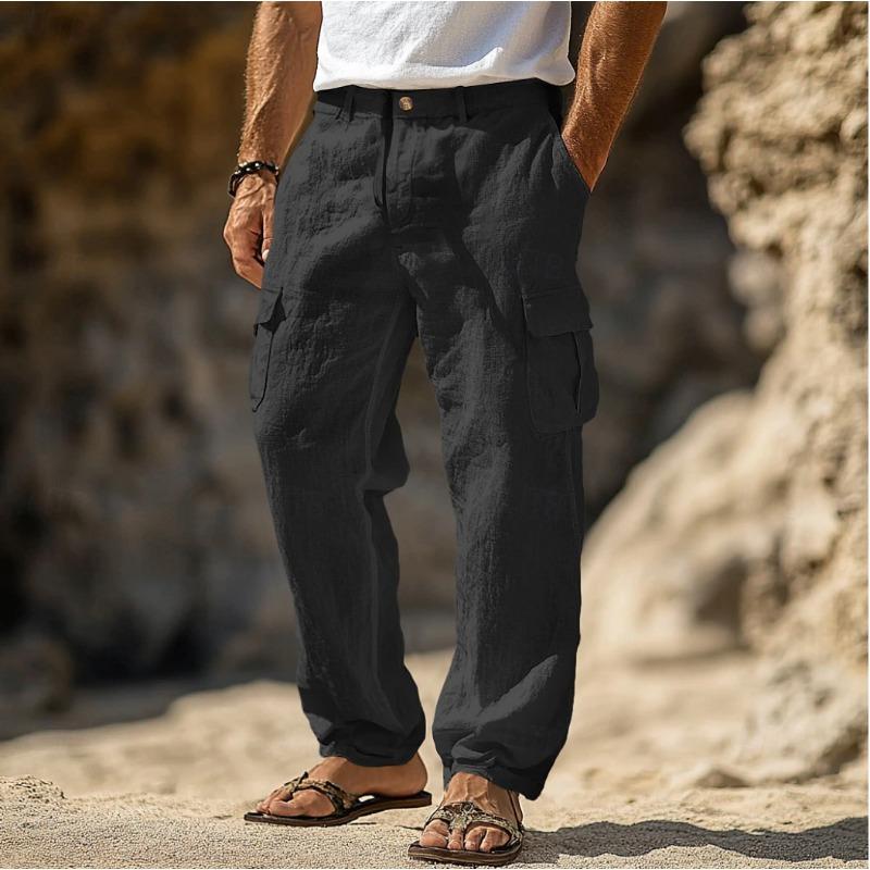 

Men s linen trousers spring summer autumn trousers multi-pocket straight comfortable breathable full length outdoor daily S білий