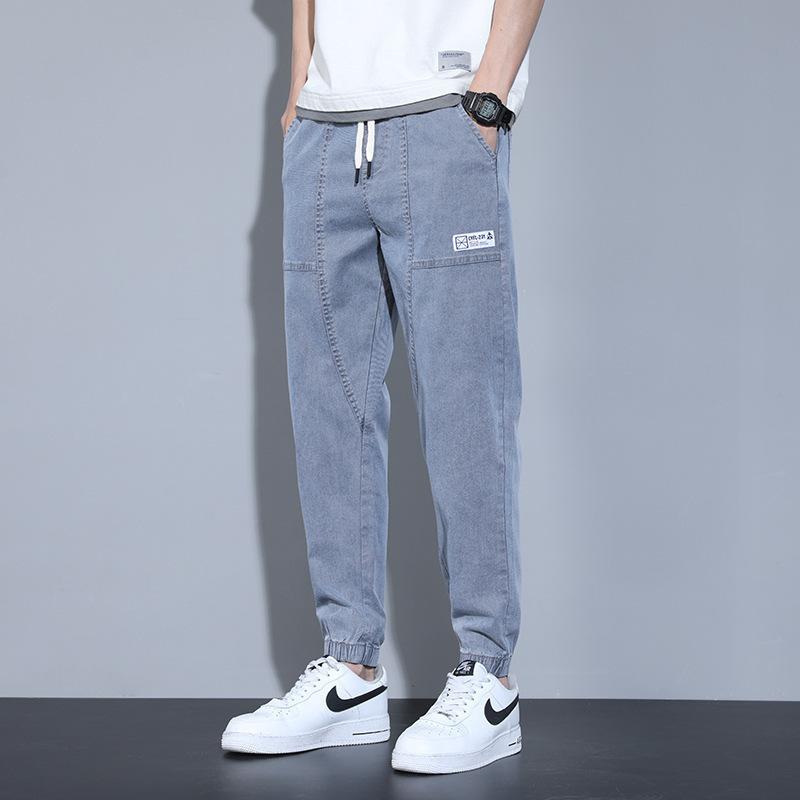 Jeans men's spring and summer Korean version ins trendy brand loose large size leggings fashion labeling elastic waist casual pants