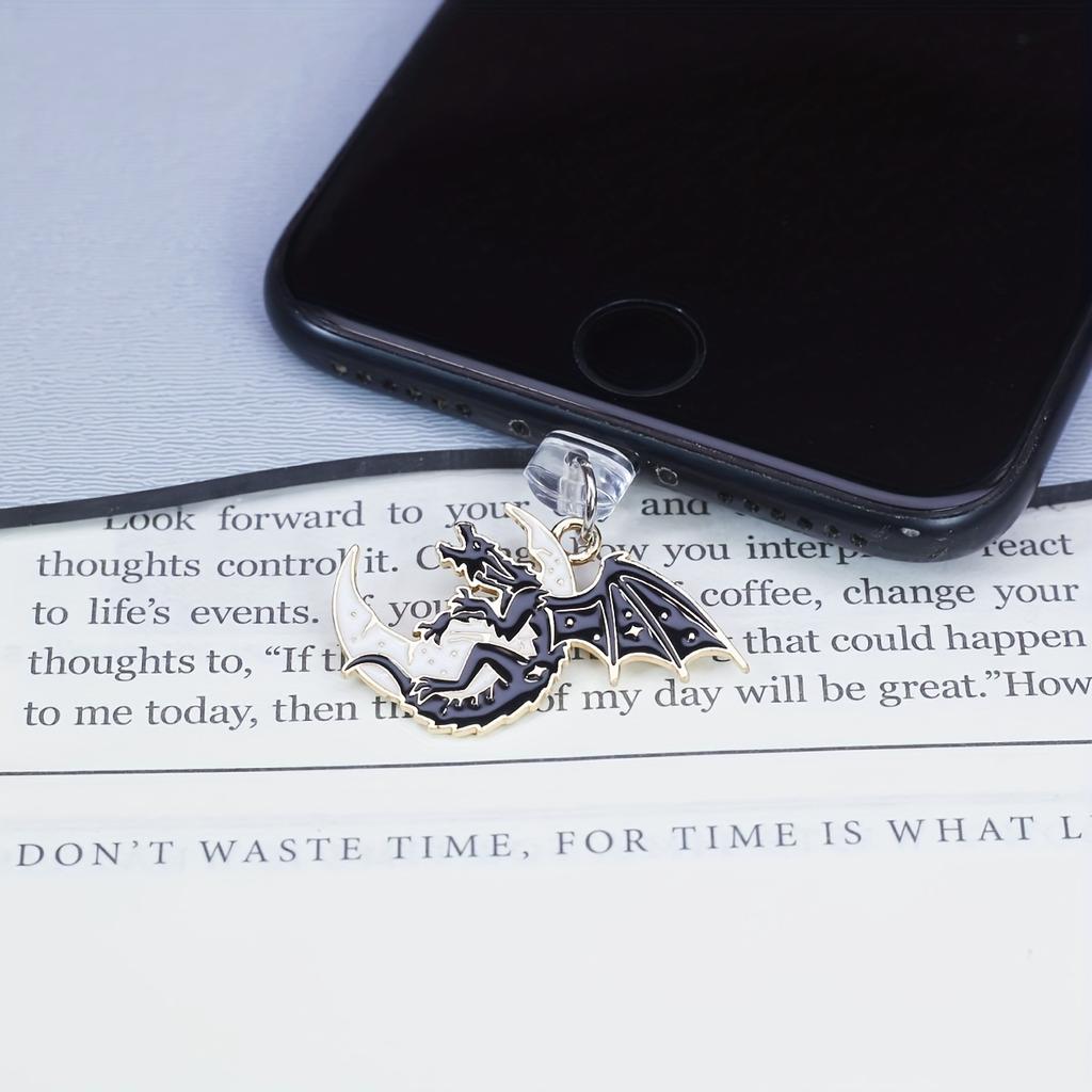 Mobile Phone Dust Plug, Fashionable Black and White Moon, Flying Dragon Bat Wing Pendant Mobile Phone Dragon Series Style, Ideal Best Gift, Halloween