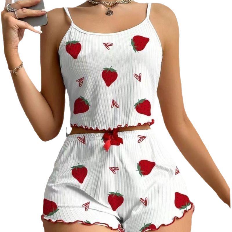 European and American Women's Strawberry Print Pajama Set - Ribbed Camisole and Shorts, Suitable for All Seasons
