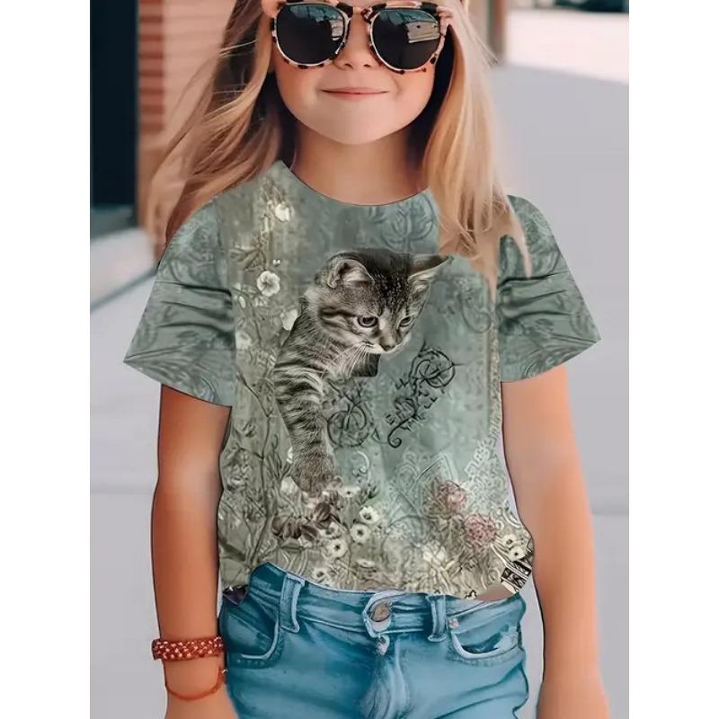 Summer Round Neck 3D Printed Top Fashionable Casual Short Sleeved Children's Girl T-shirts