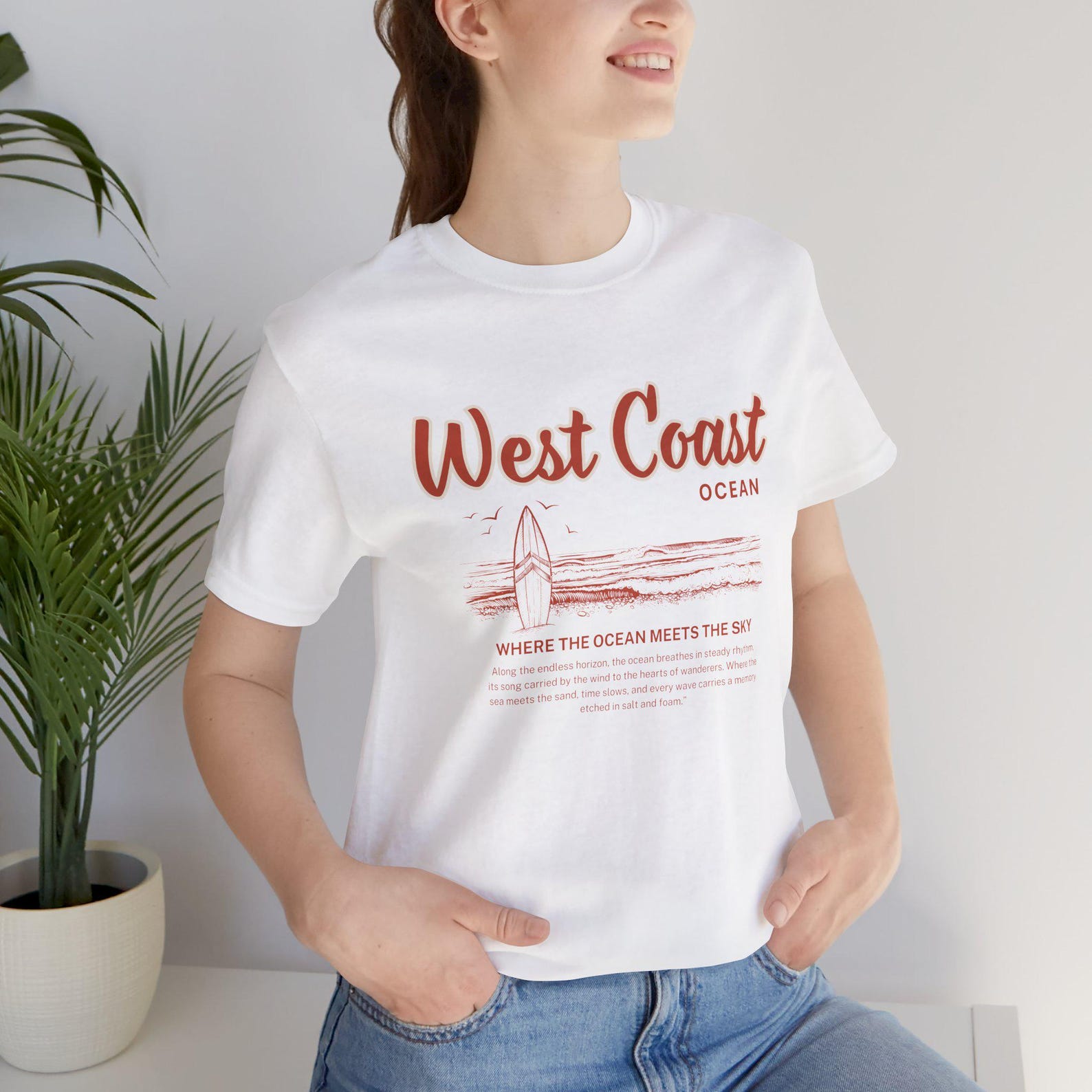 West Coast Surf T-Shirt, Ocean Graphic Tee, Beach Vibes Unisex Top, Coastal Summer Shirt, Vintage Surfboard Graphic M