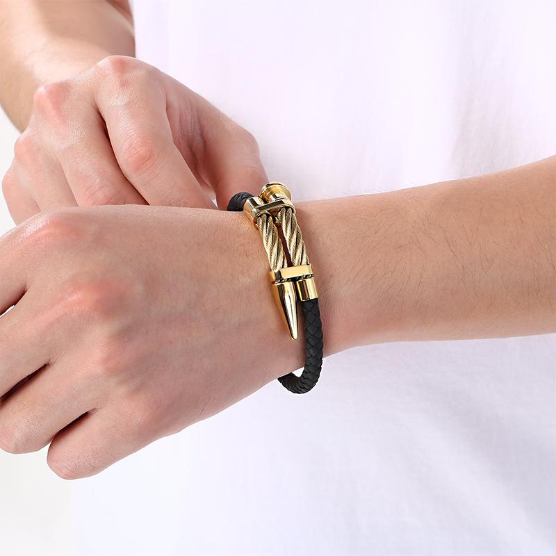 Trendy Leather & Stainless Steel Bracelet for Men Hip Hop Gold Color Cable Wristband Jewelry for Daily Wear & Party Accessory