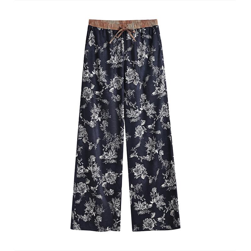 2026 Early Spring Women s Retro Ink Wash Wide-Leg Drawstring Pants Double XL цветочные печати