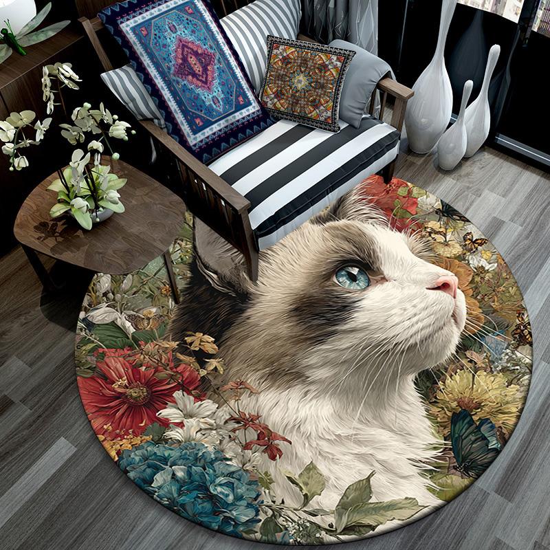 Cat in Flowers Round Area Rug,Carpet Rug for Living Room Bedroom Sofa Playroom Decor,Non-slip Floor Mat