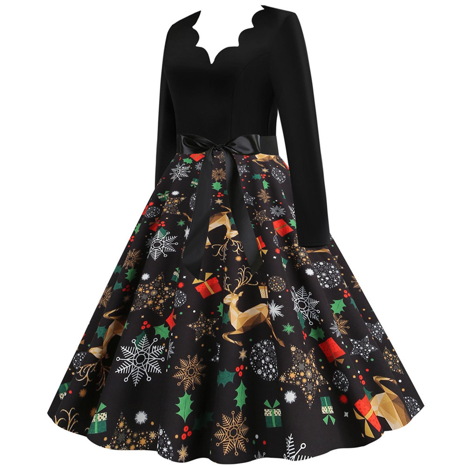 Женское модное рождественское повседневное тонкое платье с длинным рукавом с принтом — фото 4