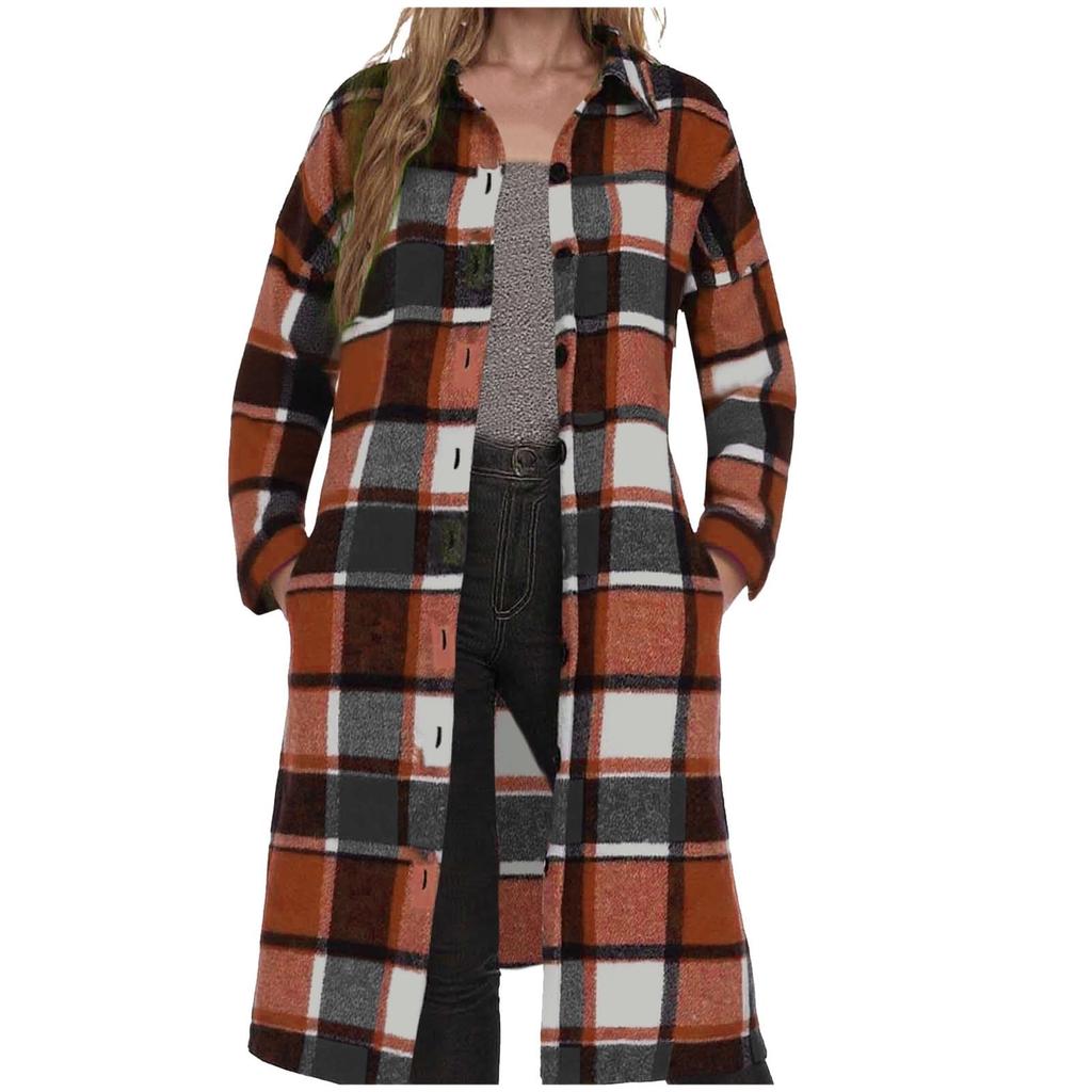 Women's Casual Plaid Long Sleeve Cardigan Mid-Length Lapel Collar Shirt Jacket