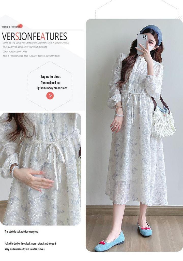 Hepburn Style Butterfly Jacquard Maternity Dress - High Quality, Long Sleeve, Early Spring 2026 Collection