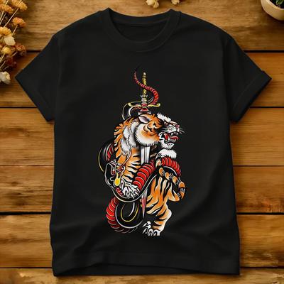 Unisex Traditional Tiger Fighting Viper Tattoo T Shirt Edhardys 100 Cotton Clothing Summer T Shirt Oneck Hip Hop Casual Tee Shirt