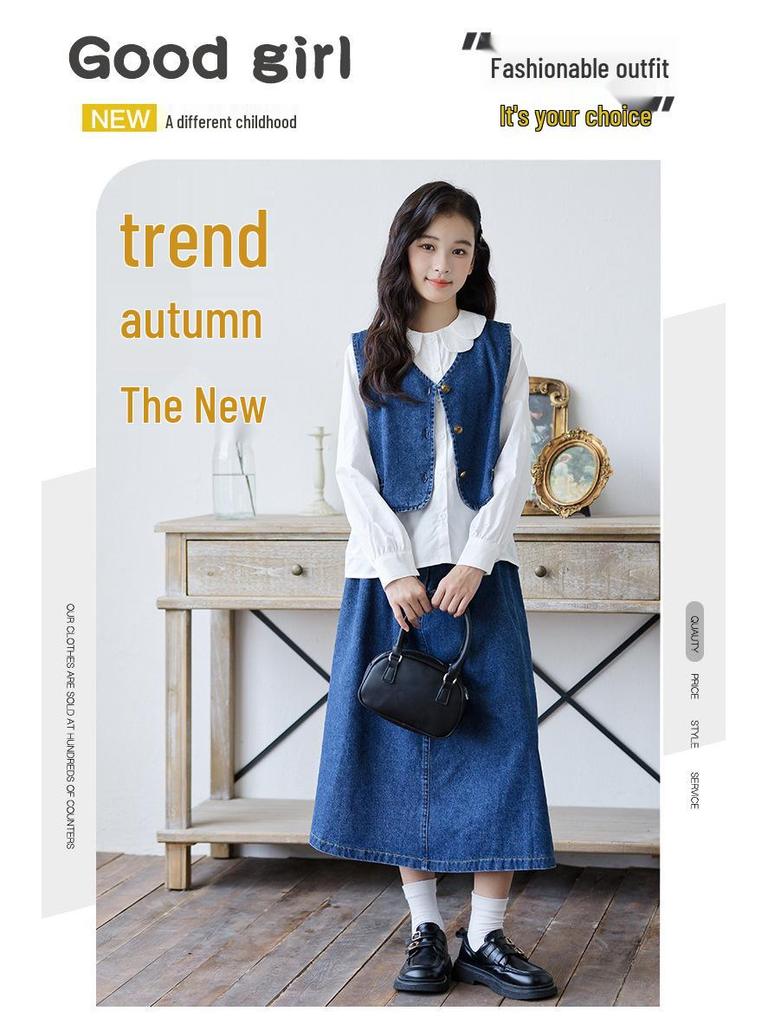 Jesienny szyk Zestaw dwuczęściowy kurtka dżinsowa w stylu koreańskim i spódnica midi