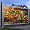 2D Retro Food Market Tapestry, Vintage Wooden Crates with Fresh Produce Background Cloth