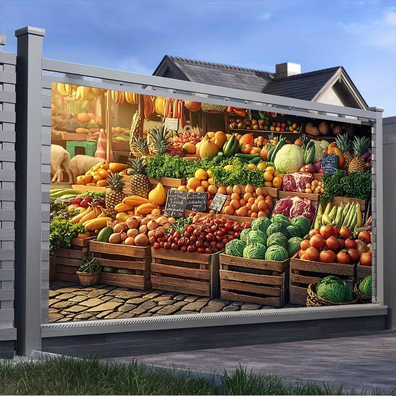2D Retro Food Market Tapestry, Vintage Wooden Crates with Fresh Produce Background Cloth