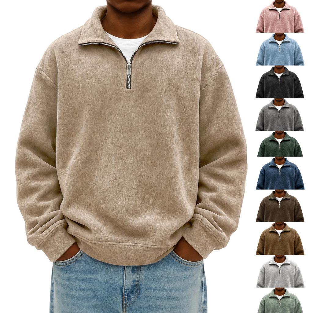 Men's Fashion Casual Half-zipper Solid Color Distressed Sweatshirt Men's Casual Loose Long-sleeved Lapel Sweatshirt