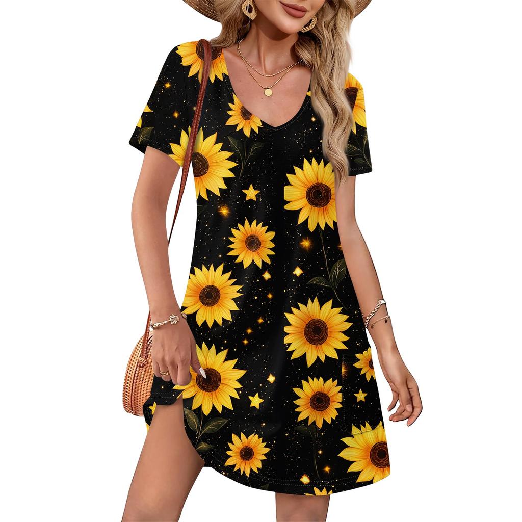 Summer Dresses For Women Loose V Neck Short Sleeve Casual T Shirt Dress Sundresses Swimsuit Coverup With Pockets