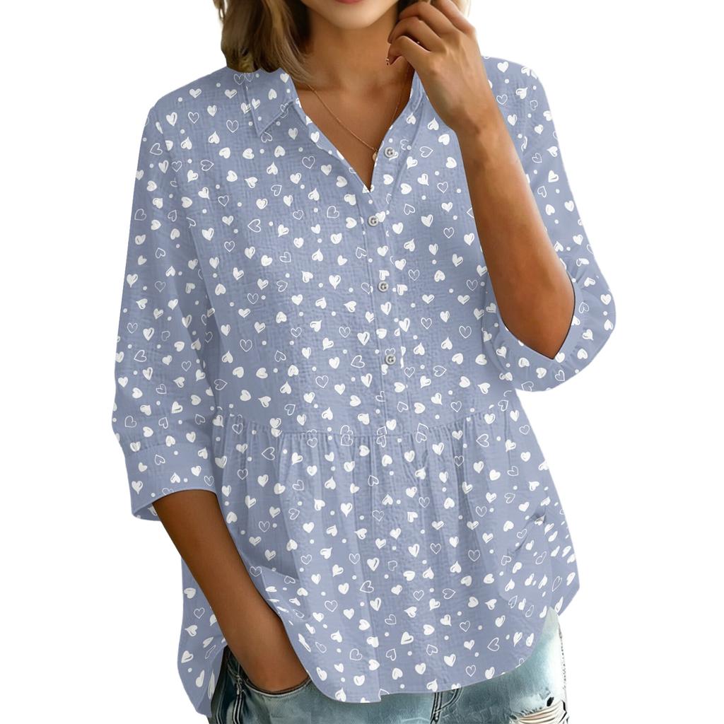 Women Button Front Collared Retro Floral Print Three Quarter Sleeve Loose Fit Shirt Blouse for Casual or Daily Wear