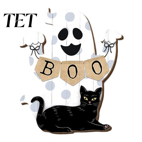 Childlike Party Supplies for Kids Cute White Ghost Wooden Door Hanger Sign with Black Cat BOO Retro Fall Seasonal Wall Art Banner, Waterproof