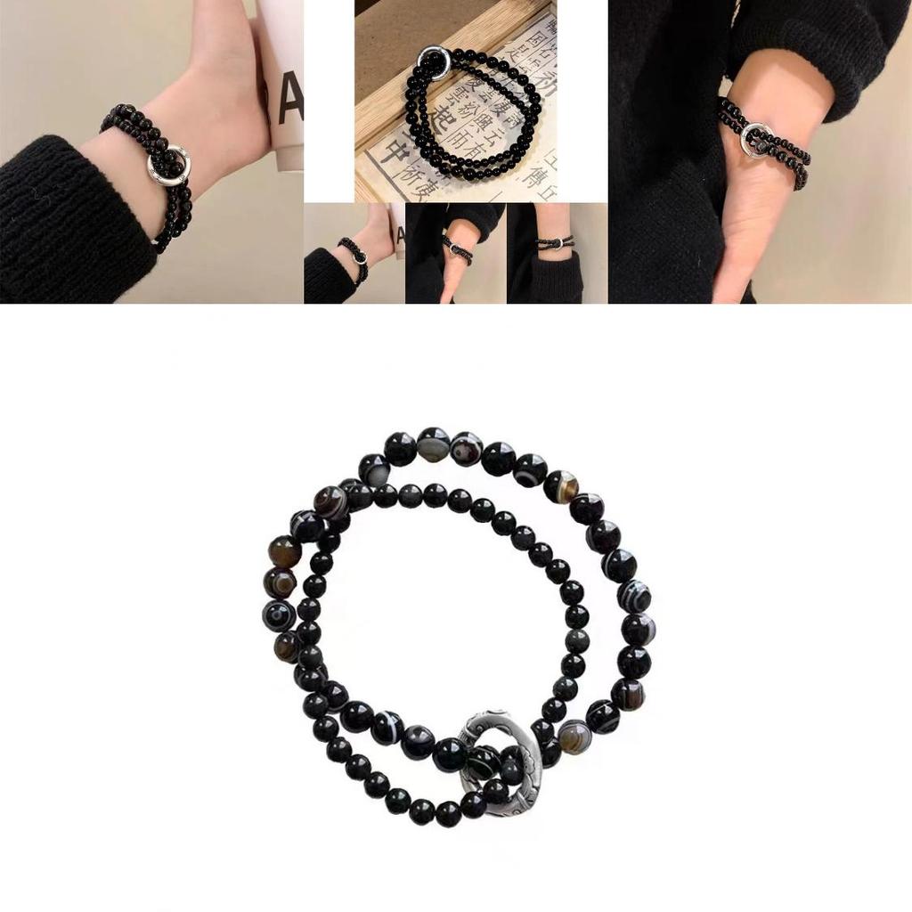 Stylish Double Circle Bracelet Black Beads For Men And Women Trendy Retro Design