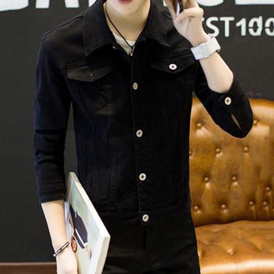 Men Spring Autumn Denim Jacket Solid Color Turn-down Collar Long Sleeve Slim Fit