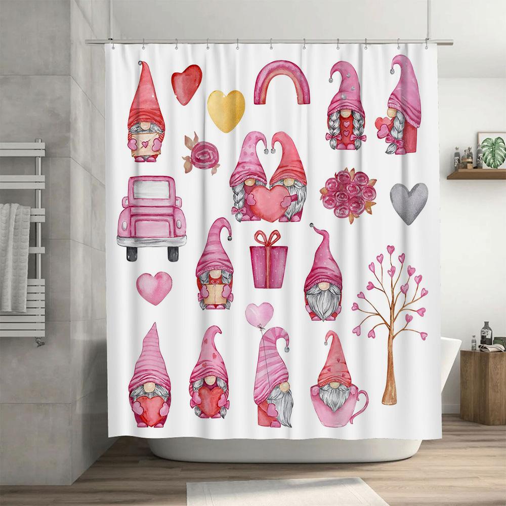 Watercolor Gnomes Shower Curtain With Valentine'S Day Decor Pink Gnome Family Love Heart Design For Bathroom Decoration