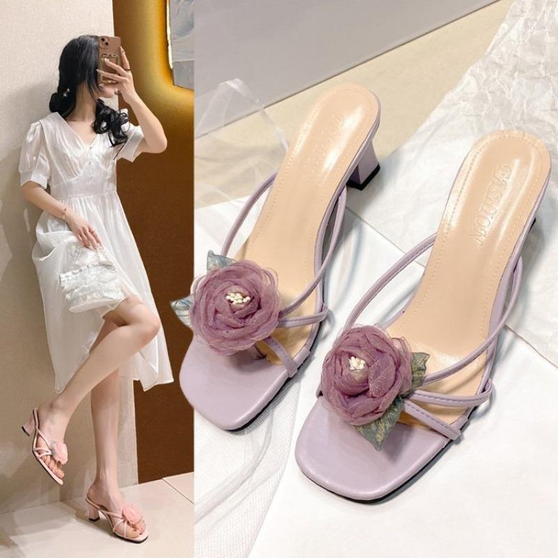 Shoes Womens Slippers Outdoor Thin Heels Luxury Slides Heeled Mules Flower Pantofle Summer Designer High 2025Floral Elegant Pum