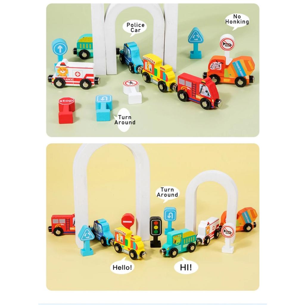 Montessori Wooden Toys Magnetic Small Train DIY Traffic Sign Recognition Vehicle Cognition Car Models Children Educational Toys