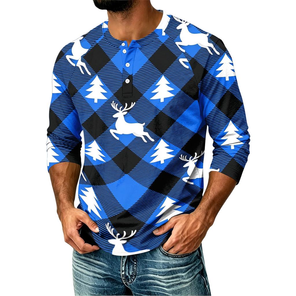 Men's Casual Shirt with Raglan Three-Quarter Length Sleeves Christmas Print Pullover