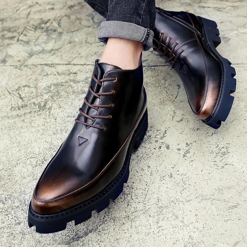 2024 Patent Leather Glossy High Top Pointy English Style Inside Heightening Men's Shoes Zipper Rivets Casual Leather Shoes
