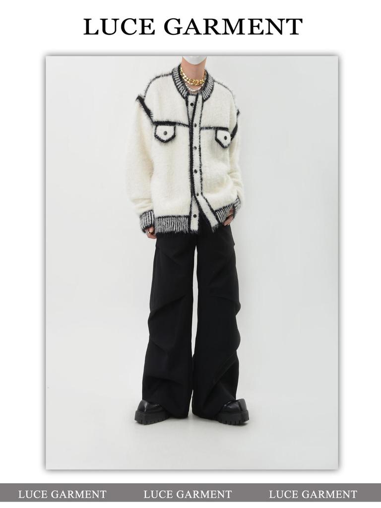 Unisex Color Block Knit Cardigan Jacket - Heavyweight Plush, Autumn/Winter Trendy Loose Fit