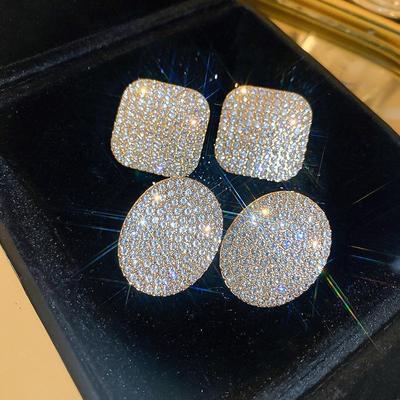 Elegant Geometric Oval Diamond Silver Earrings - Luxury European & American Fashion for Women
