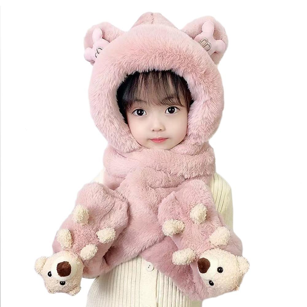 Winter Thick Hats Scarf Gloves Set With Long Scarf Warm Winter Plush Hooded Windproof Fluffy 3-in-1 Soft Hat Toddler