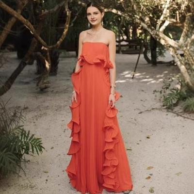 Women's Off Shoulder Maxi Dress Summer Ruffle Pleated Swing Long Dress for Wedding Parties Travel Beach Outfit