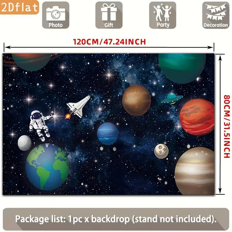 2D Flat Outer Space Banner Kids Space Adventure with Astronaut, Rocket & Solar System Backdrop