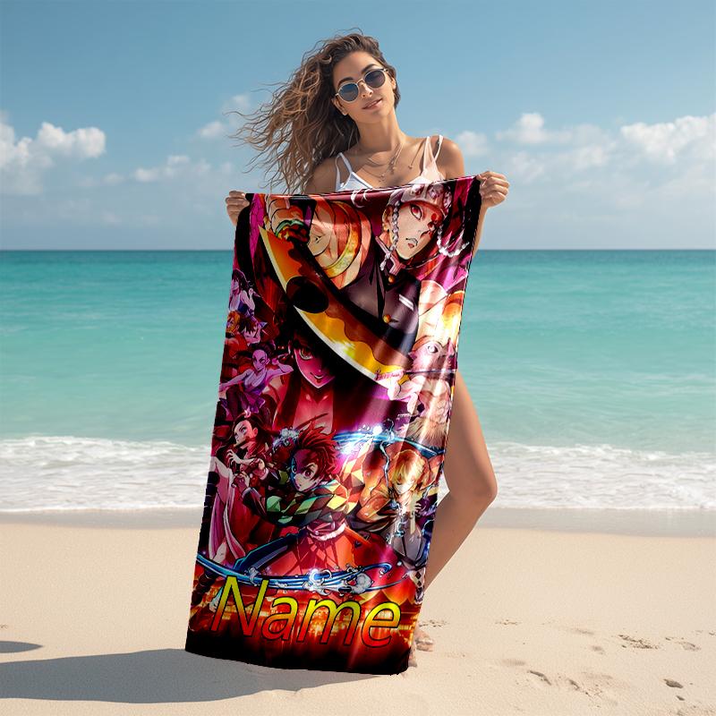 Personalized customized proof beach towel with Demon Slayer Nezuko pattern - soft, absorbent, quick-drying, perfect swimming, camping&bathing