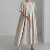 2026 Summer Large Loose Cotton and Hemp Casual Dress Elegant New Round Neck Short Sleeve A-line Dress Female Fashion Solid Color Simple Clothing
