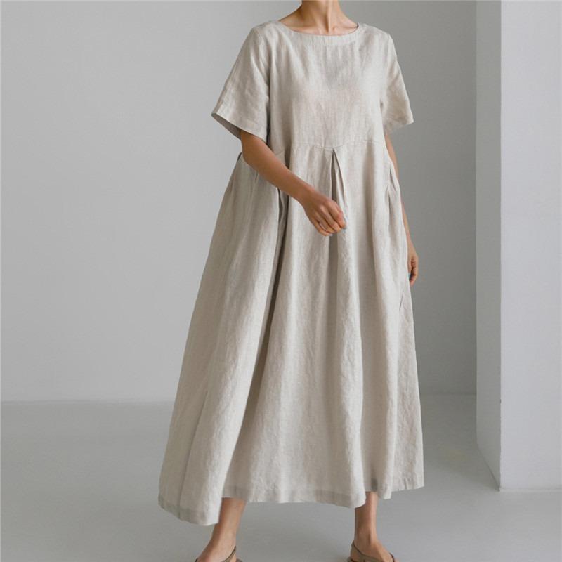 2026 Summer Large Loose Cotton and Hemp Casual Dress Elegant New Round Neck Short Sleeve A-line Dress Female Fashion Solid Color Simple Clothing