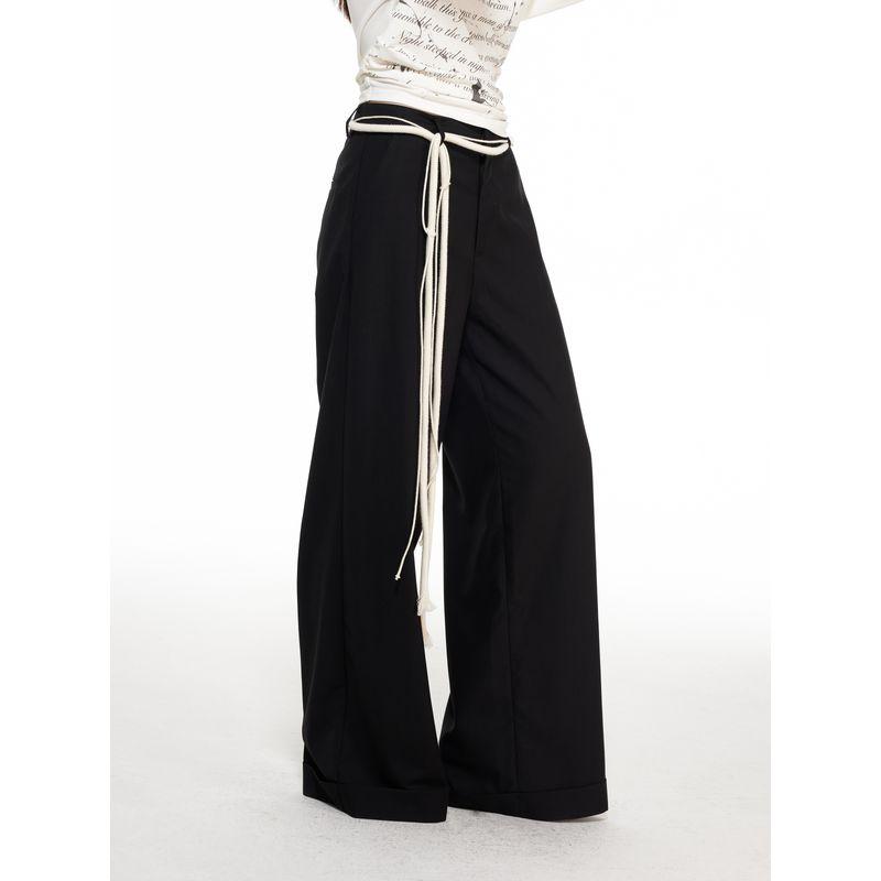Thelight Waist Strap Black Autumn and Winter Original Casual Pants